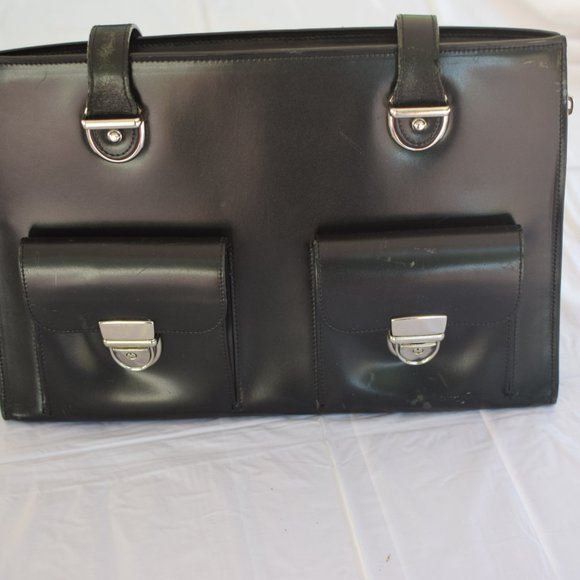 black leather laptop tote